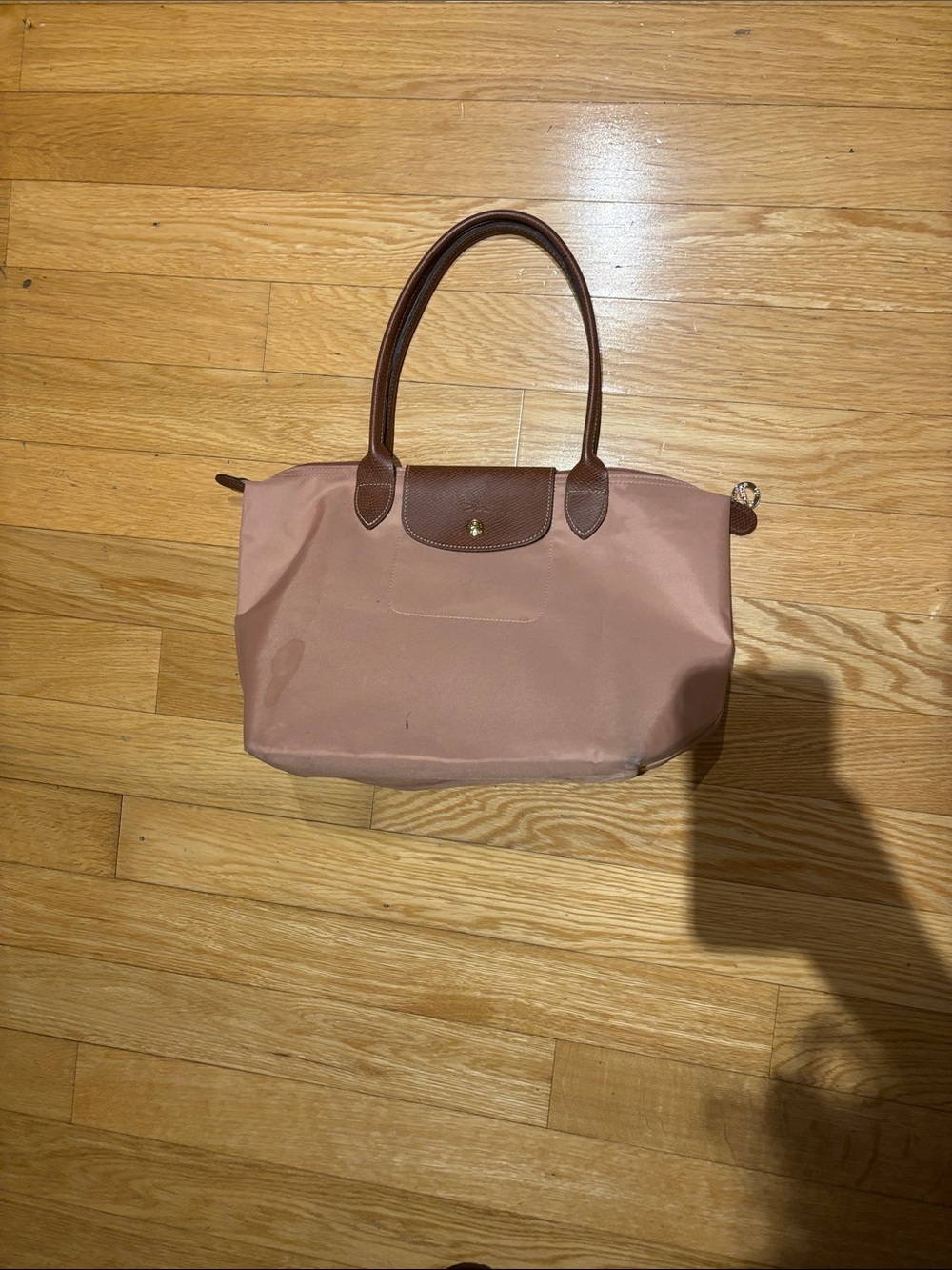 Longchamp Le Pliage Original Medium Pink Nylon Tote with Brown Leather Trim